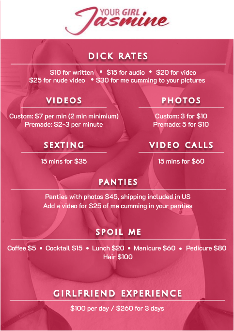 Pricing list for Your Girl Jasmine